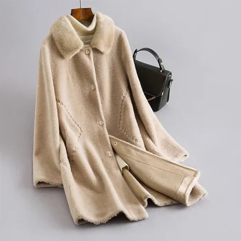 Mimo sezóny noriek v strednom veku matky cashmere kabát Žien Strednej dĺžky granulované vlna kožušinový kabát