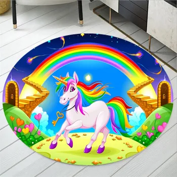 Unicorn Dievčenskú Podlahe Koberec Hrať Mat Rainbow Zvieratá Spálňa Koberce Cartoon Kolo Oblasti Koberec pre Obývacia Izba, Spálňa Domova