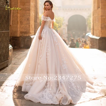 Loverxu Vestido De Noiva Loď Krku Čipky Princezná Svadobné Šaty 2021 Appliques Korálkové Súd Vlak Line Vintage Svadobné Šaty