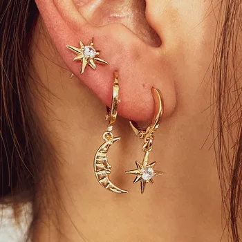 Slnko, Hviezdy, Mesiac, Náušnice Crystal Asymetrický Stud Náušnice Pre Ženy Earing Šperky Zlatá Farba Módne Náušnice Nastaviť Earings Kolczyki
