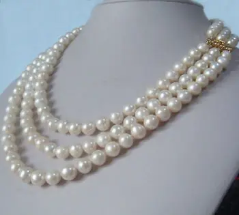Tri-Oblasť prírodných 9-10 mm akoya white pearl náhrdelník 17