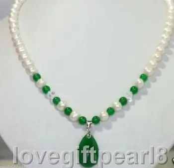 Nové Šperky Biela Usadenina Pearl & green jade Náhrdelník s Príveskom