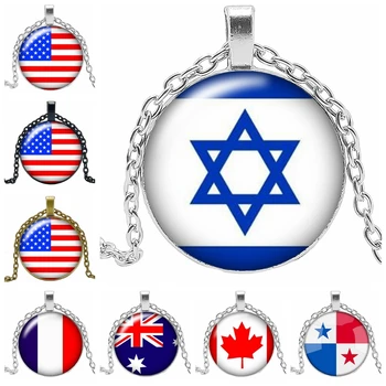 Nové Národné Vlajky Spojené Štáty, Izrael, Kanada, Britská Francúzsko Náhrdelník Šperky, Prívesok Crystal Vypuklé Kolo Sklo Náhrdelník Darček