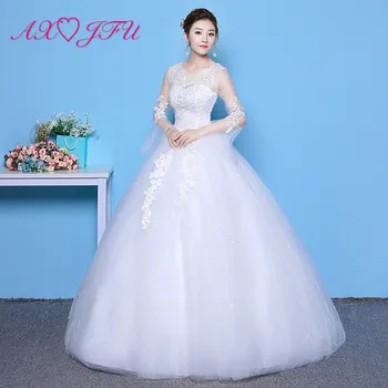 AXJFU čipky Princezná biele svadobné Šaty vintage o krk ilúzie kvet čipky turecko dlhé závoje rukáv strany biele svadobné šaty