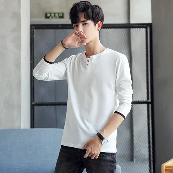 2020 Jeseň Zima Nový kórejský pánske s Dlhým rukávom T-shirt Čistej Bavlny Voľné Kolo Krku Mládeže Trendy pánske Tričko Klesnutie