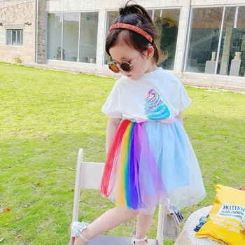 Baby, Deti, Dievčatá Ice Cream T-shirt Topy Rainbow Tylu Sukne Oblečenie Nastaviť Lete Sladké Roztomilý Dievča Oblečenie Nastaviť Narodeninovej Party Oblečenie