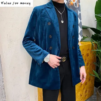 Vintage Velvet Mužov Dvojité Breasted Voľné Bežné Oblek, Sako Kabát Jednotné Muž Streetwear Sako Vrchné Oblečenie Fáze Oblečenie