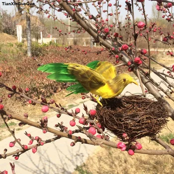 12x15cm simulácia vták pevný model polyetylénu&perie žltá&zelený šíri krídla vtáka s hniezdo,záhradné dekorácie s1090