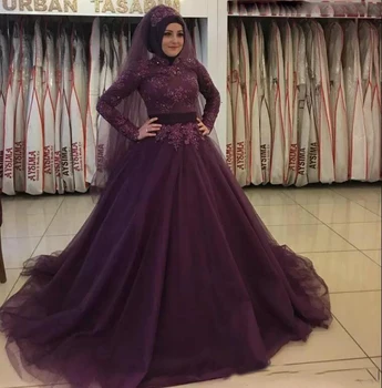 Elegantné arabské Moslimské Večerné Šaty s Dlhým Rukávom Vysoká Krku Hrozna Fialová Formálne Šaty Linky na Blízkom Východe Ženy, župan de soiree