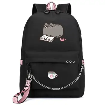 Kawaii Fat Cat Čítania Knihy USB Port Batoh S USB Nabíjanie Reťazca Port pre Slúchadlá Školské Tašky Cestovné Knihy Notebook Kreslených