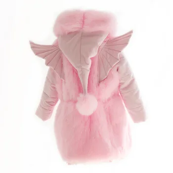 Cartoon Krídlo Dizajn Zimné Baby Girl Umelú Kožušinu Kabát Dlhý Rukáv Bunda Deti Kožušinové Kabáty S Kapucňou Deti Vetrolam Deti Oblečenie