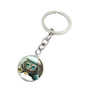 Cheshire Cat Keychain Umelecké Sklo Kolo Dome Prívesok prívesok na Alice V krajine Zázrakov, Krúžok na kľúče Nové 2016 Ženy, Mužov Darček sleutelhanger