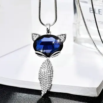 Modré Crystal Fox Prívesky, Náhrdelníky Pre Ženy Móda Striebro Vyhlásenie Náhrdelník Dlhý Sveter Reťaze Collier Femme Strany Šperky