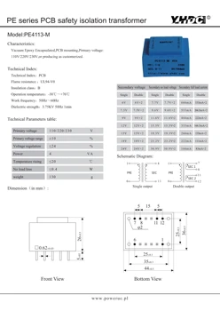 YHDC PE4113-M Power 4VA 220V/9V Zapuzdrené transformátor pre PCB Namontované oddeľovací transformátor