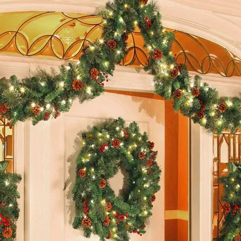 Vianočný Veniec Dekorácie na Schody Krb Jedľa Borovica Garland pre Indoor&Outdoor Vianočný Strom s LED Svetlom(1,8 M)