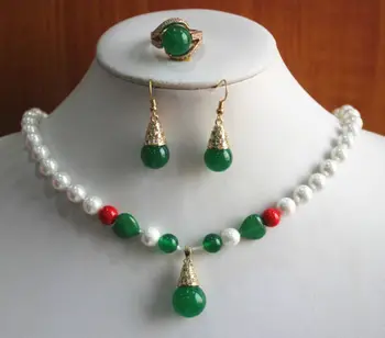 Módne dámske 8 mm Biela Perla A Green jade Náhrdelníky Náušnice Šperky Set Krúžok