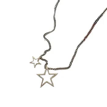 Dvojité päť-špicaté hviezdy prívesok náhrdelník ženy sveter reťazca mincový striebro jednoduchý štýl každodenné wild clavicle reťazca