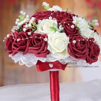Burgundsko A Biele Ručne Kvety, Dekoračné Umelé Ruže, Kvety Perly Nevesta Svadobné Čipky Akcenty Svadobné Kytice