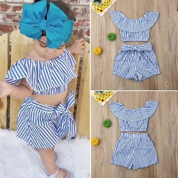 Dieťa Batoľa Dievča Oblečenie Prehrabať Plodín Roztomilé Modré Pruhované Off-rameno Hore+Luk Krátke Oblečenie Súbor 1-6Y Oblek
