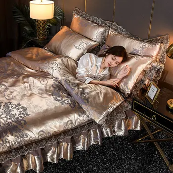 Európska Satin Žakárové 4-dielna posteľná bielizeň Nastaviť Queen Size Vybavené List Luxusné Kráľ Čipky Modálne Perinu Vankúš Shams Obliečky