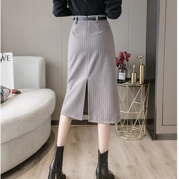 2020 Jeseň Zima Prúžok Vlnené Sukne pre Ženy-line Módne Pracovné oblečenie Vysoký Pás OL Lady Midi Sukne Ženy