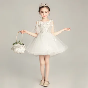 Roztomilý Krátke Kvetina Dievča Šaty na Svadby Úplnej Krku Čipky Appliques Tylu Deti Formálne Narodeniny Šaty