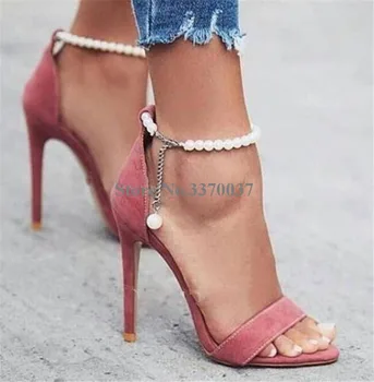 Nové Módne Ženy Semiš Kožené Jeden Popruh Perly Pásik Tenký Päty Sandále Luxusné Otvorené Prst Vysokým Podpätkom Sandále Šaty Topánky