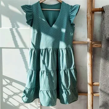 2020 Nové Letné Sundress Ženy Volánikmi Rukávy tvaru Dot Boho Vestidos Multi-layer Spojenie Lem Elegantný Mini Šaty