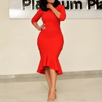 Elegantné Office Lady Červená Farba Morská víla Vestidos 2020 Letné Hot Predaj Jar Ženy O Krk Celý Rukáv Vestidos podkolienok Šaty