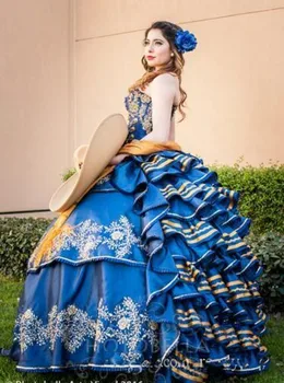 Vestido de 15 anos Mexickej Kráľovská Modrá Quinceanera Šaty Výšivky Milú Volánikmi Viazané Sukne Sweet 16 Strán Plášte