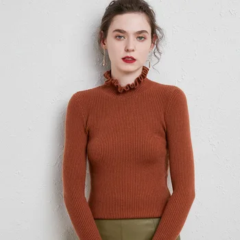 Jesenné a zimné nový štýl dreva ucho golier farbou pletený sveter ženy