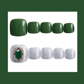 24pcs/Set Luxusný Zelený Diamant Prsty Falošné Nechty Zeleným Strieborný Lesk False Nechty, Umelé Nohy Nail Art Tipy s Lepidlom