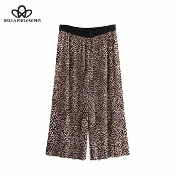 Bella Filozofia 2018 Vintage Leopard Tlač Skladaný Ostrihané Širokú Nohu, Nohavice Elastický Pás Lady Teľa Nohavice Pantalones Mujer