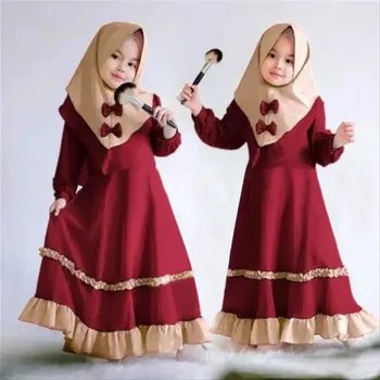 Festival Baby Girl Dress, Moslimské Midi Hlavu Krytie Dlhý Rukáv, Okrúhly Golier Princezná Blízkom Východe Flouncing Šaty