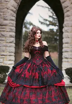 Gotický Belle Červená Čierna Čipka Svadobné Šaty Vintage Krajky-up Korzet Steampunk Šípková Ruženka Mimo Ramenný Plus Veľkosť Svadobné Šaty
