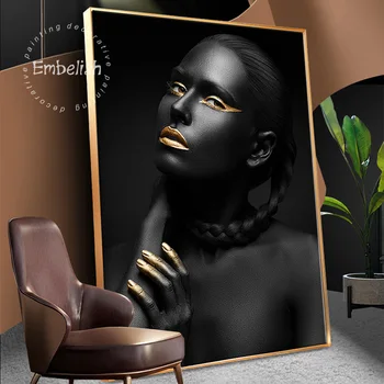 Embelish 1 Ks Čierny Dievča S Golden Lip Sexy Afriky Nahé Ženy HD Plátne Obrazy Pre Obývacia Izba Domova Obrázky