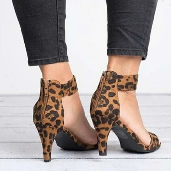 Ženy 2020 Sandále Tenké Vysoké Podpätky Otvorené Prst Klasické Sandále Zips Stádo Leopard Office Dámske Topánky