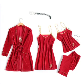 Štyri-dielna Sada Pevných Farbu Zlata Velvet Domáce oblečenie Na Jeseň A v Zime Sexy A Očarujúce Nightgown Pohodlné Pyžamo