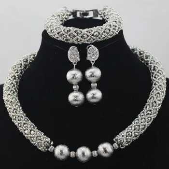 Nový Príchod! Silver Grey Crystal Náhrdelníky Kostým Jewellry Nigérijský Svadobné Afriky Korálky Šperky Set Doprava Zadarmo ALJ682