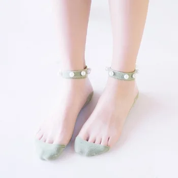 1 Pár Letné Trendy Pearl Loď Ponožky Mäkké Sklo, Hodváb Elastický Úplet Frill Výbava Ženy Ponožka Oka Tenké Perličiek Gázy Transparentné Sox