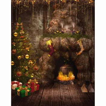 Allenjoy Vianočné fotografické pozadie kúzlo vintage krb strom, kameň, strom, drevená podlaha pozadie photocall photo studio