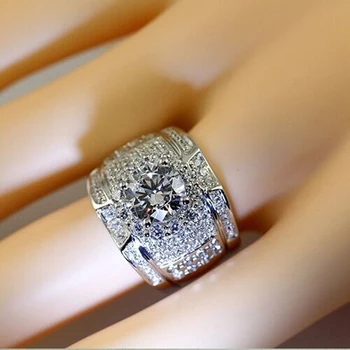 Elegantné Luxusné Strieborná Farba Okrúhly Rez Crystal Krúžok pre Mužov, Ženy, Svadobné Zásnubný Prsteň Módne Šperky Príslušenstvo