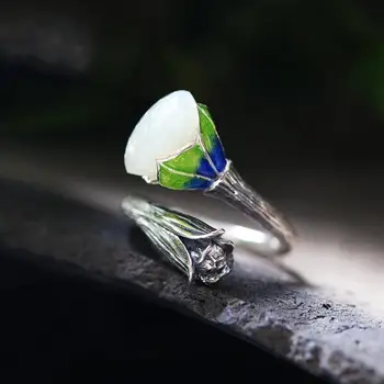 Prírodné Hetian Biela Jade Lotus Pom Otvorenie Krúžku Čínskom Štýle Retro Jedinečný Dizajnér Plavidlá Elegantné Kúzlo dámske Šperky