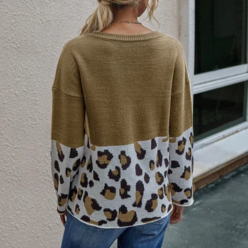 Ženy Móda Jeseň Dlhý Rukáv O Krk Leopard Patchwork Pletený Sveter Oblečenie pre Ženy женские свитера sweter damski 2020
