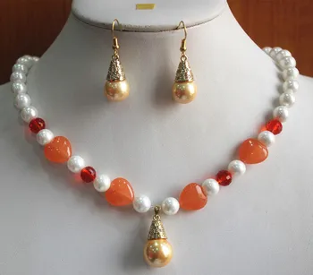 Veľkoobchod 8mm zmiešané farby a materiálu biela/červená shell hruška/kameň náhrdelník+14 mm žltá pearl náušnice a prívesok šperky set
