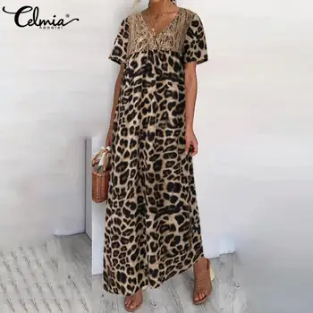 Celmia Sexy Leopard Tlač Lete Sundress Ženy V krku Krátky Rukáv Čipky Dlho Maxi Šaty Žena Bežné Strany Vestidos Plus Veľkosť