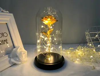 Zlaté Fólie Rose LED Medený Drôt Svetlo Sklenený Kryt Drevený Základ Noc Lampa Domov Spálňa Imitácia Večný Kvet Dovolenku Dekorácie