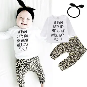 2019 Nové Dieťa Novorodenca Dievča Dlhý Rukáv List Vytlačené T-shirt Top Leopard Nohavice hlavový most Oblečenie Oblečenie Set 3ks