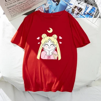 Letné Nové Módne Krátky Rukáv Červená Tshirts Japonské Anime Sailor Moon Vytlačený Ženy T-shirt Dievčatá Cartoon Bežné Topy