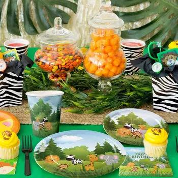 QIFU Zelená Safari Strany Jednorazové Taniere Poháre Nakpin Jungle Zvierat Strana navrhne Happy Birthday Party Baby Sprcha Deti Priazeň